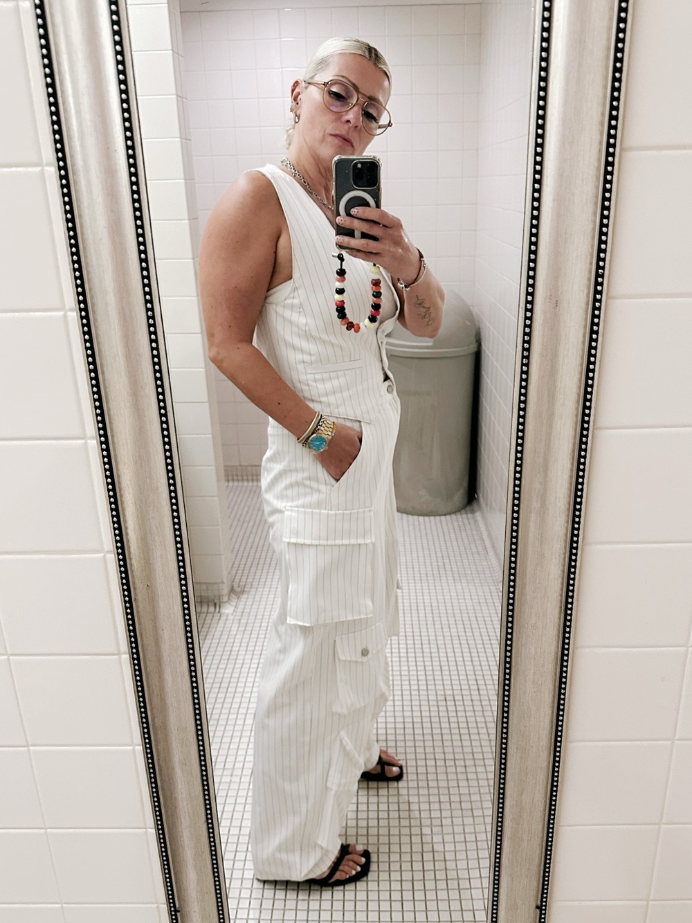 AFRM White Pinstripe Cargo Vest & Wide-Leg Pants Set - Picture 2 of 9